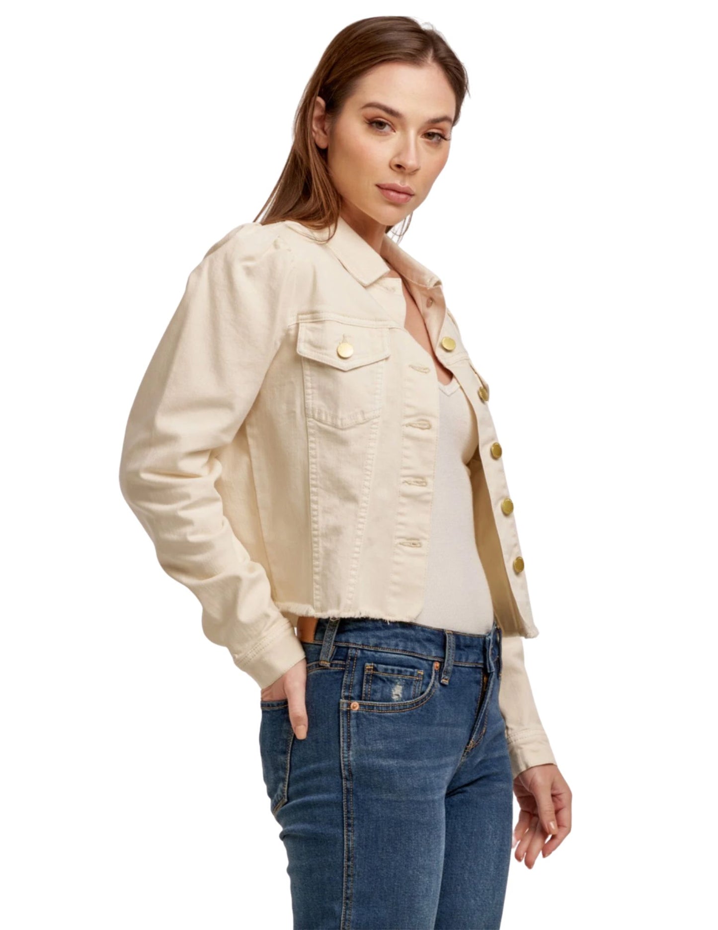 Roselyn Denim Puff Jacket- Wheat