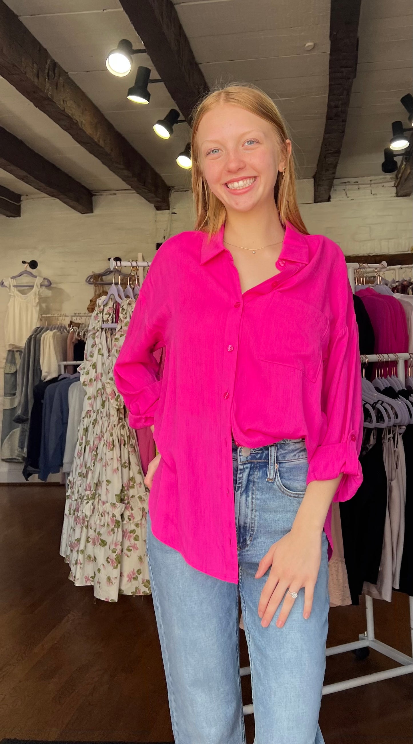 Laura Linen Blouse-Hot Pink