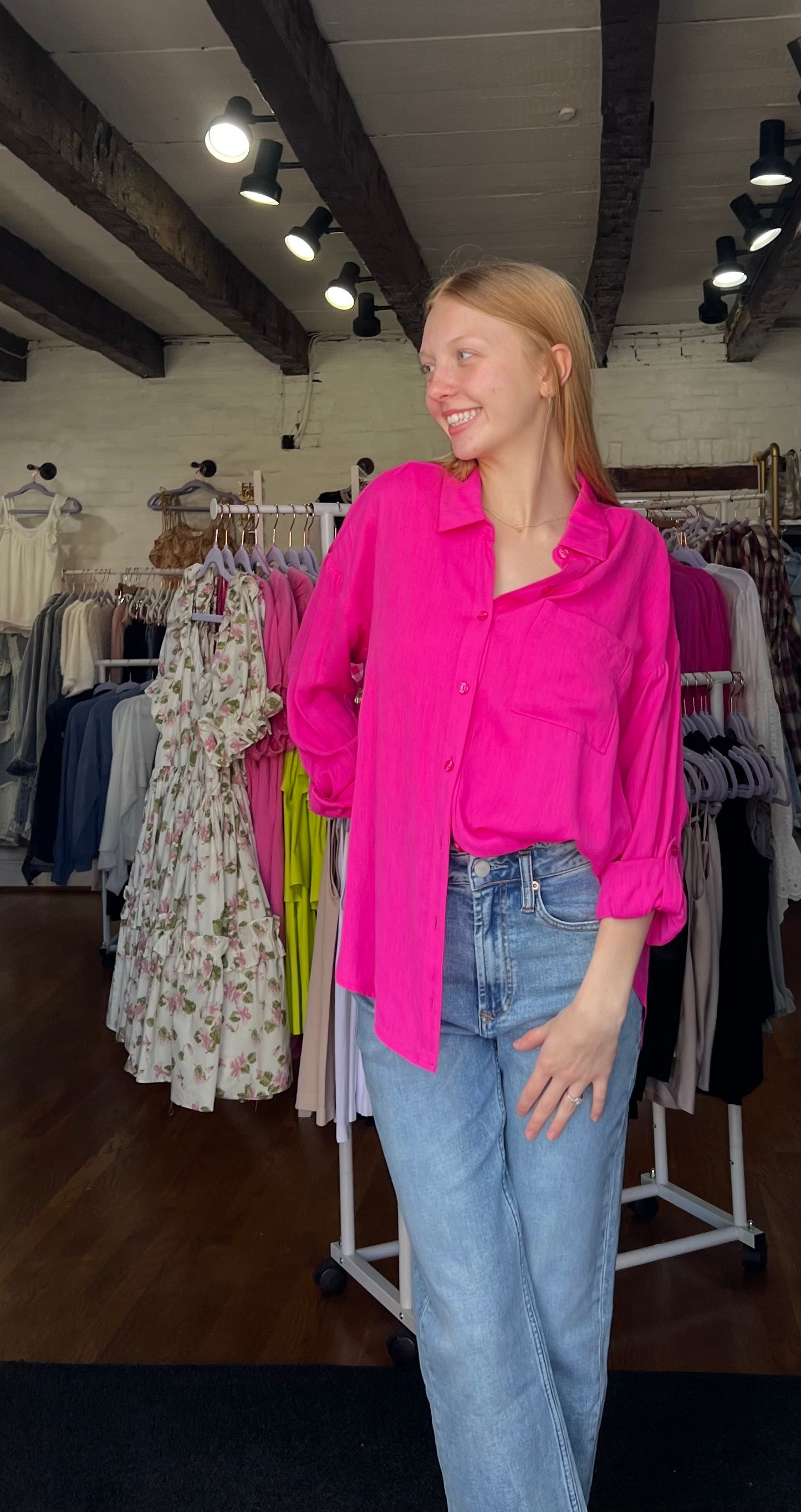 Laura Linen Blouse-Hot Pink